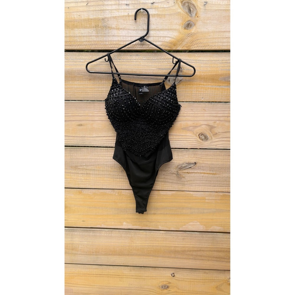 Windsor Black Beaded Lace Mesh Bodysuit DS4269A Sweetheart Neckline Size M